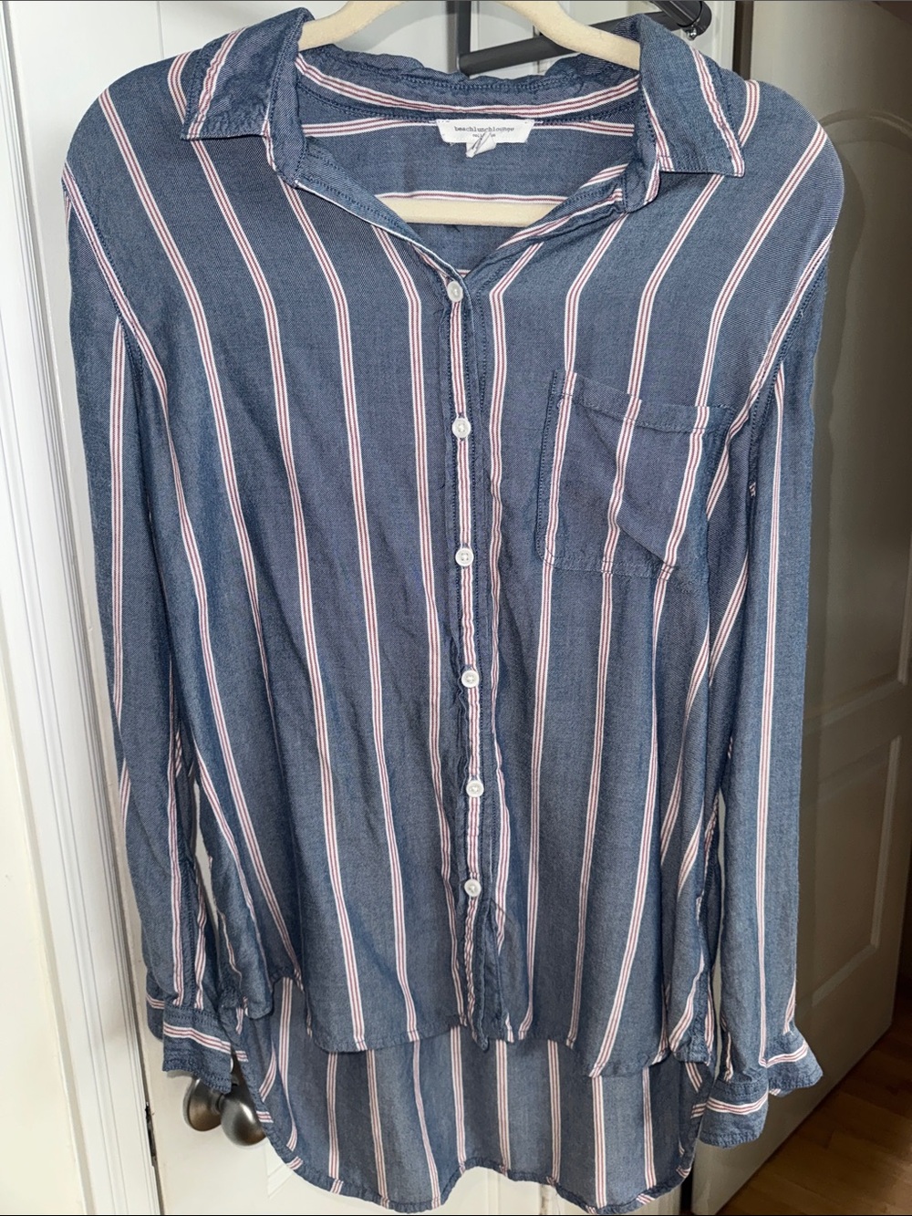 beachlunchlounge Blue and Pink Vertical Stripe Button-Down Shirt
